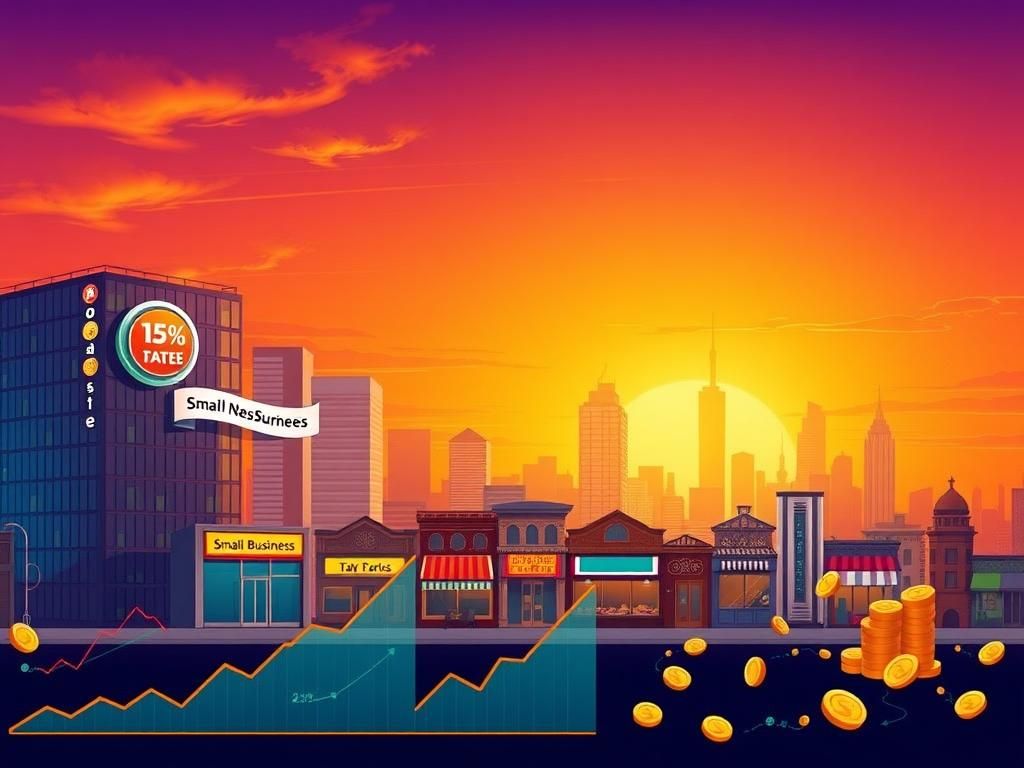 Flick International Dynamic city skyline at sunset with corporate building and small business storefronts