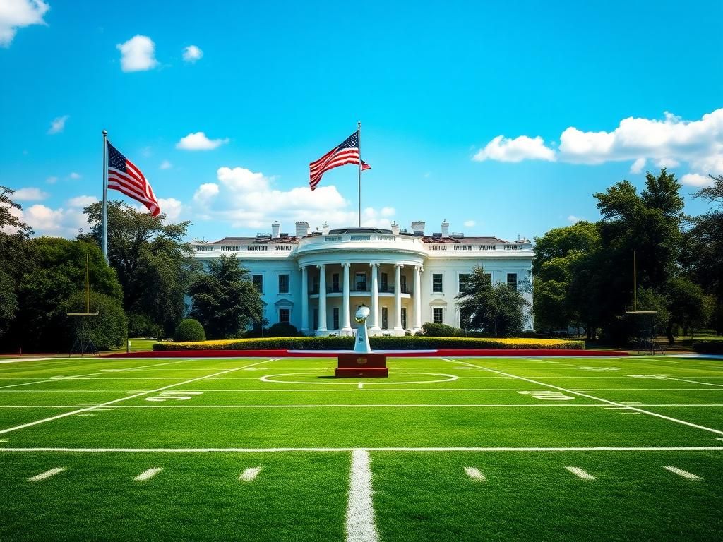 Flick International Majestic view of the White House with an empty football field and Super Bowl trophy