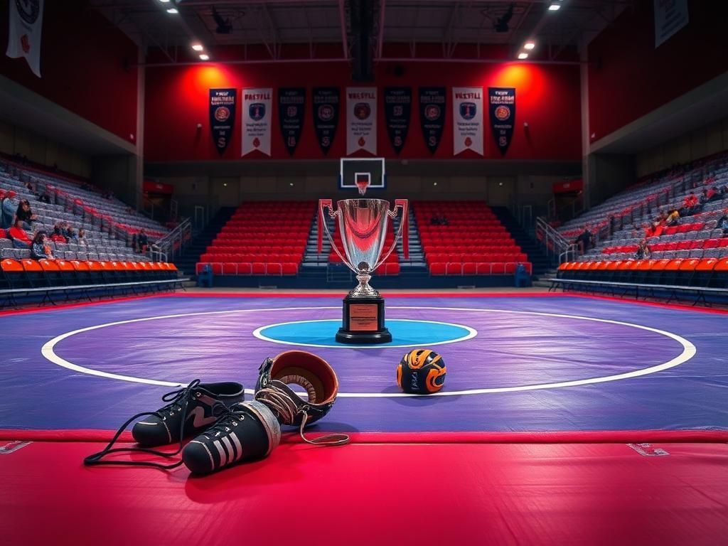 Flick International Vibrant wrestling mat in a high school gym with a trophy at the center