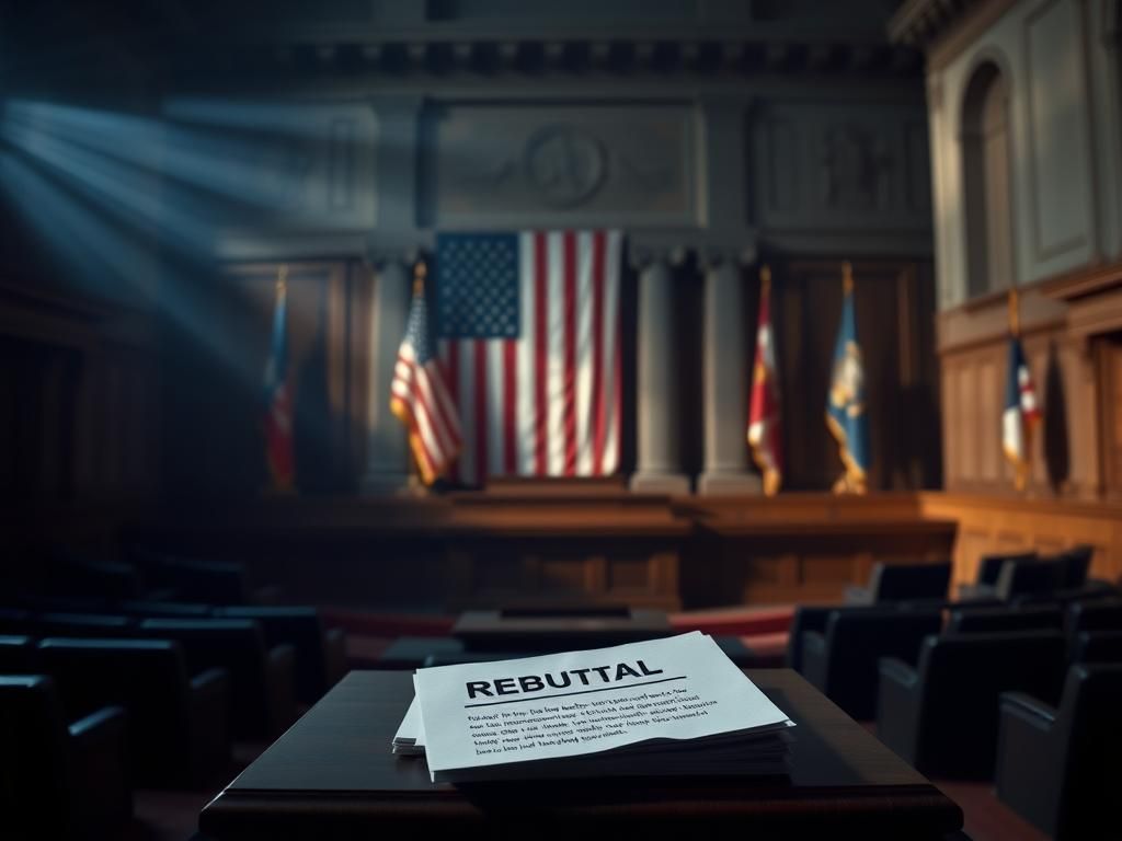 Flick International Dramatic view of an empty congressional podium with flags in the background