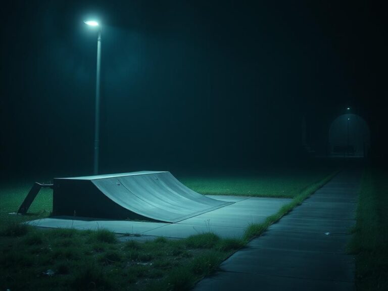 Flick International Somber nighttime scene of a dark, deserted park highlighting a skate ramp and eerie atmosphere.