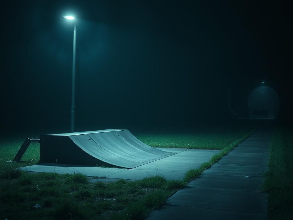 Flick International Somber nighttime scene of a dark, deserted park highlighting a skate ramp and eerie atmosphere.