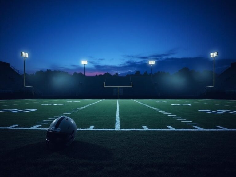 Flick International A broken helmet on a dimly lit football field representing personal struggles of NFL lineman Ben Cleveland.