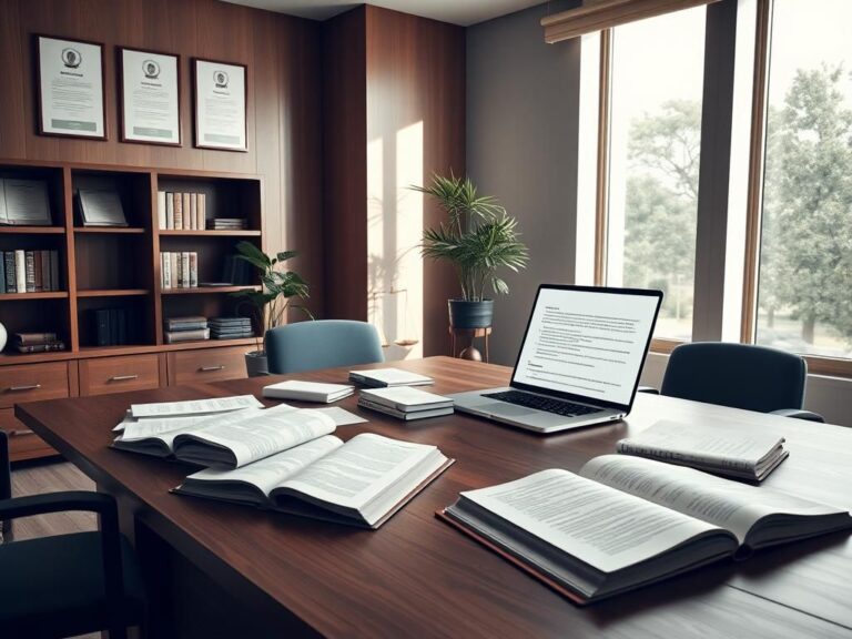 Flick International Modern law office interior with legal documents and AI interface