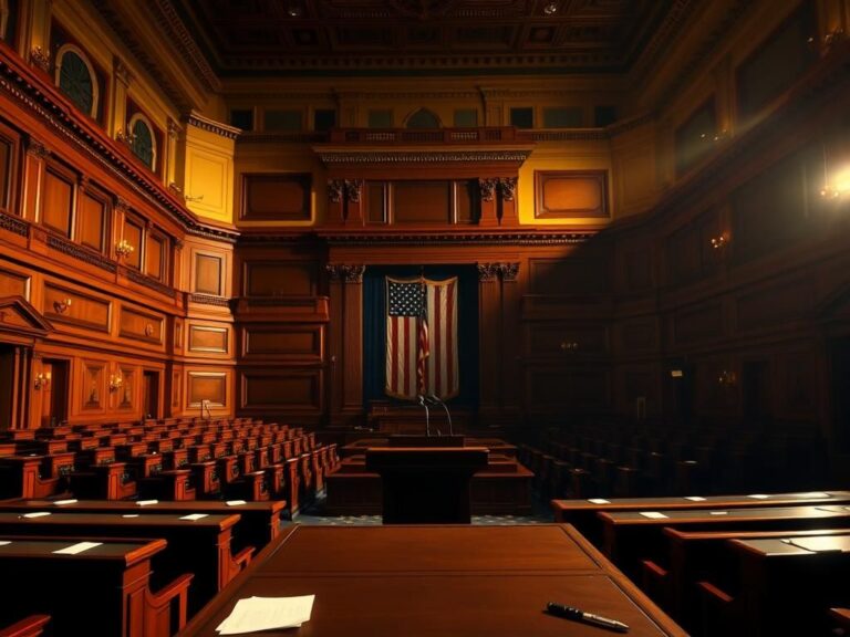 Flick International Grand congressional chamber with ornate details and American flag backdrop