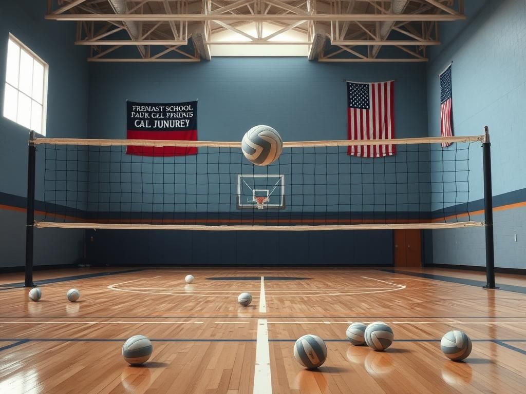 Flick International High school volleyball court with battered net and scattered volleyballs symbolizing sports injuries