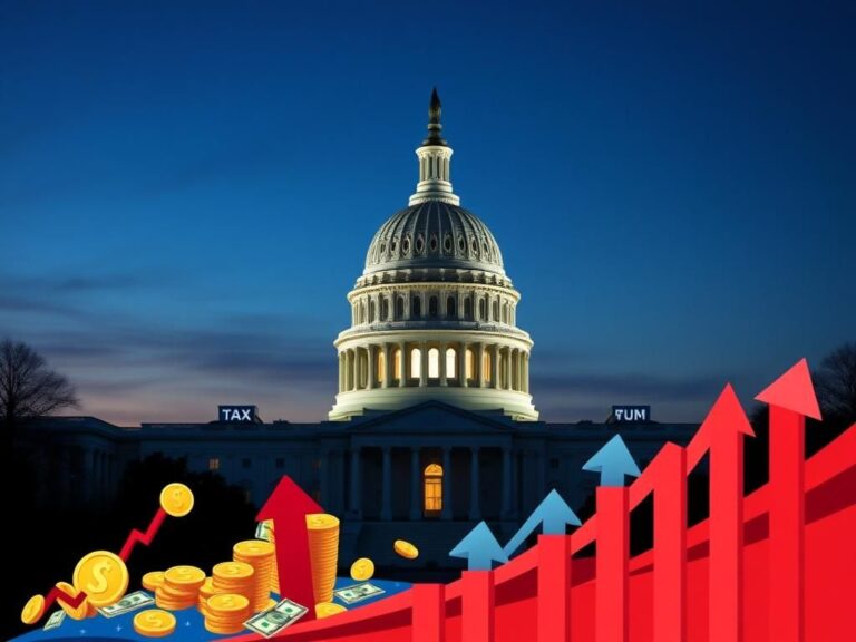 Flick International Stylized depiction of the United States Capitol building illuminated at twilight with tax-related symbols