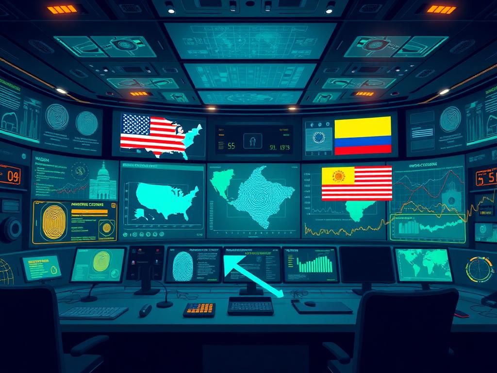 Flick International Digital illustration of a high-tech control center with biometric scanning equipment
