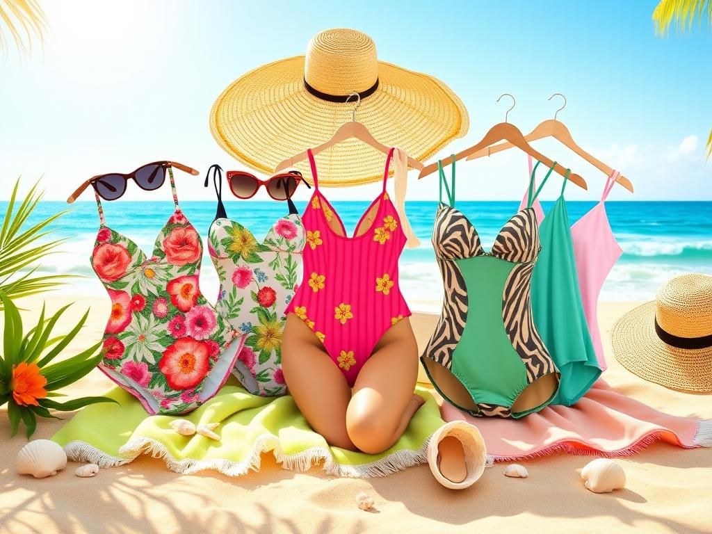 Flick International Array of vibrant swimsuits displayed on sunlit beach towels