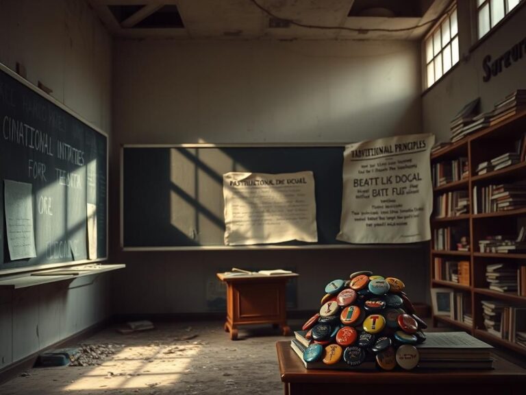 Flick International Somber classroom environment with a dusty blackboard and scattered textbooks