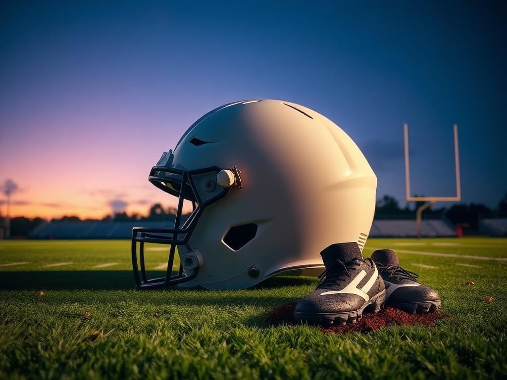Flick International An oversized football helmet on the grass symbolizing NFL prospect Desmond Watson's immense size.