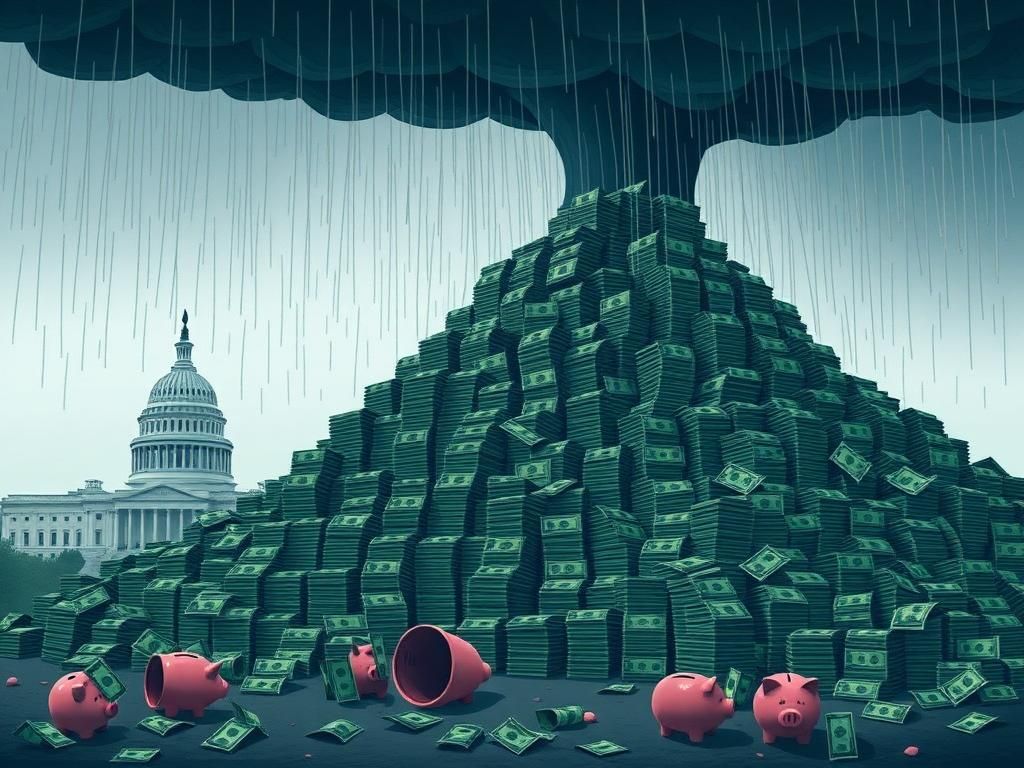 Flick International Conceptual illustration of a towering mountain of currency bills representing America's $36 trillion national debt crisis