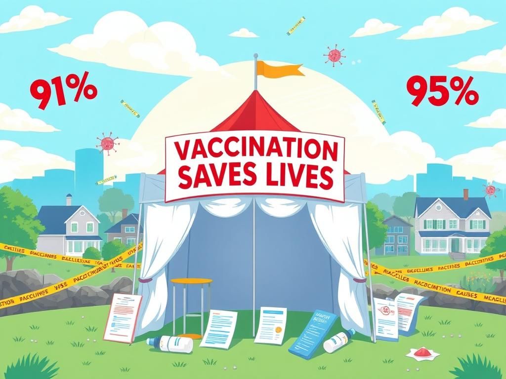 Flick International Illustration of a community health scene focused on measles prevention with a vaccination clinic tent and medical supplies.