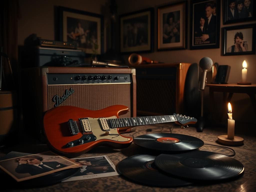 Flick International Electric guitar resting against an old wooden amplifier in a nostalgic music room
