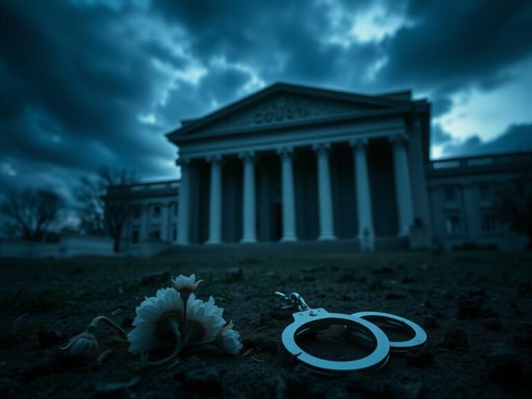 Flick International somber courthouse exterior at dawn with wilting flowers and handcuffs symbolizing justice and loss