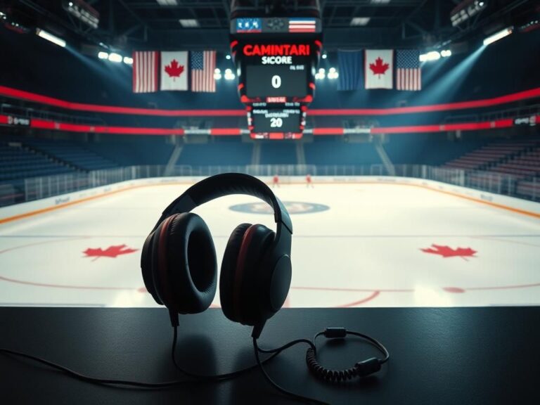 Flick International Dramatic scene of an ice hockey rink symbolizing rivalry between Canada and the USA