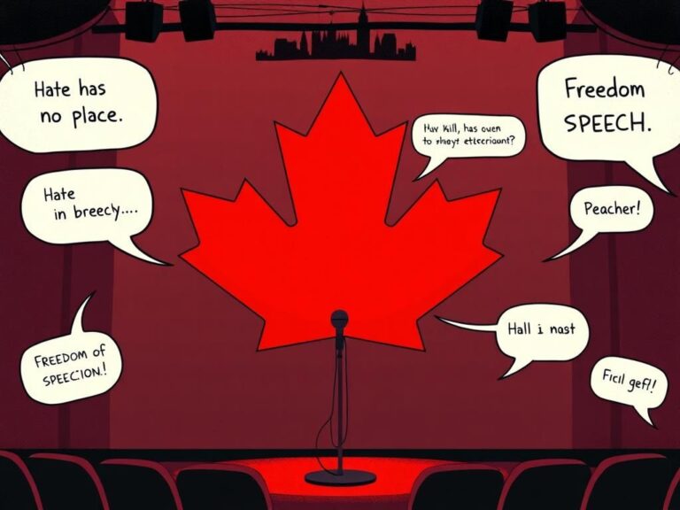 Flick International Dramatic illustration featuring a large red and white maple leaf symbolizing Canada against a comedy stage backdrop