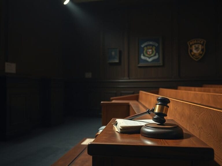Flick International Dimly lit courtroom interior with empty jury box and weathered gavel