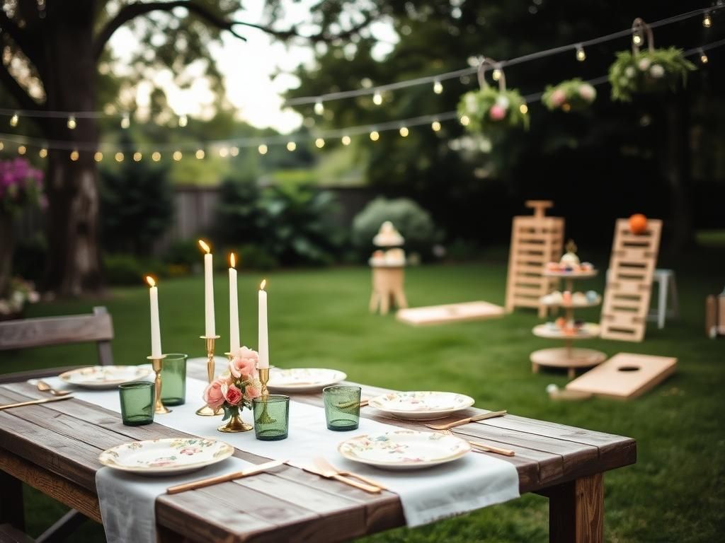 Flick International A beautifully set rustic wooden table for a backyard wedding featuring vintage floral plates and elegant gold cutlery.