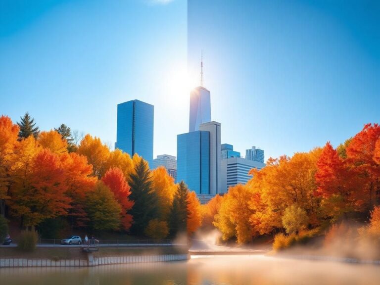 Flick International A split landscape image showing a serene Canadian forest with autumn leaves and a bustling American city skyline