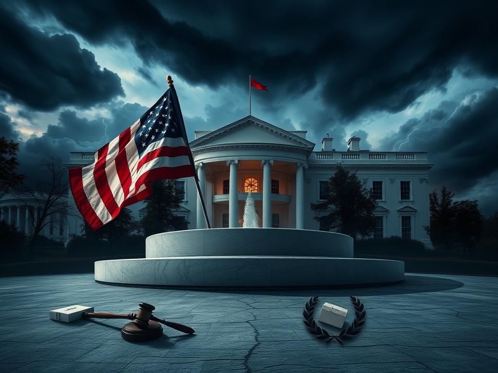 Flick International Dramatic depiction of the White House with a tattered American flag and turbulent sky, symbolizing political tension