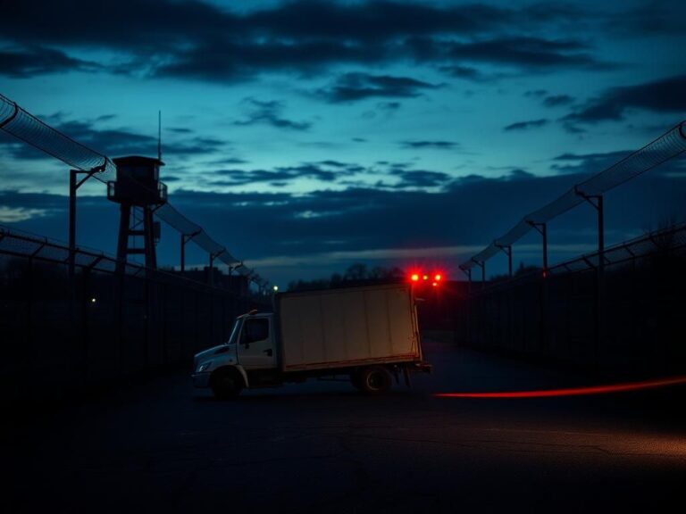 Flick International Twilight scene of Marine Corps Base Quantico featuring barbed wire and a security guard tower