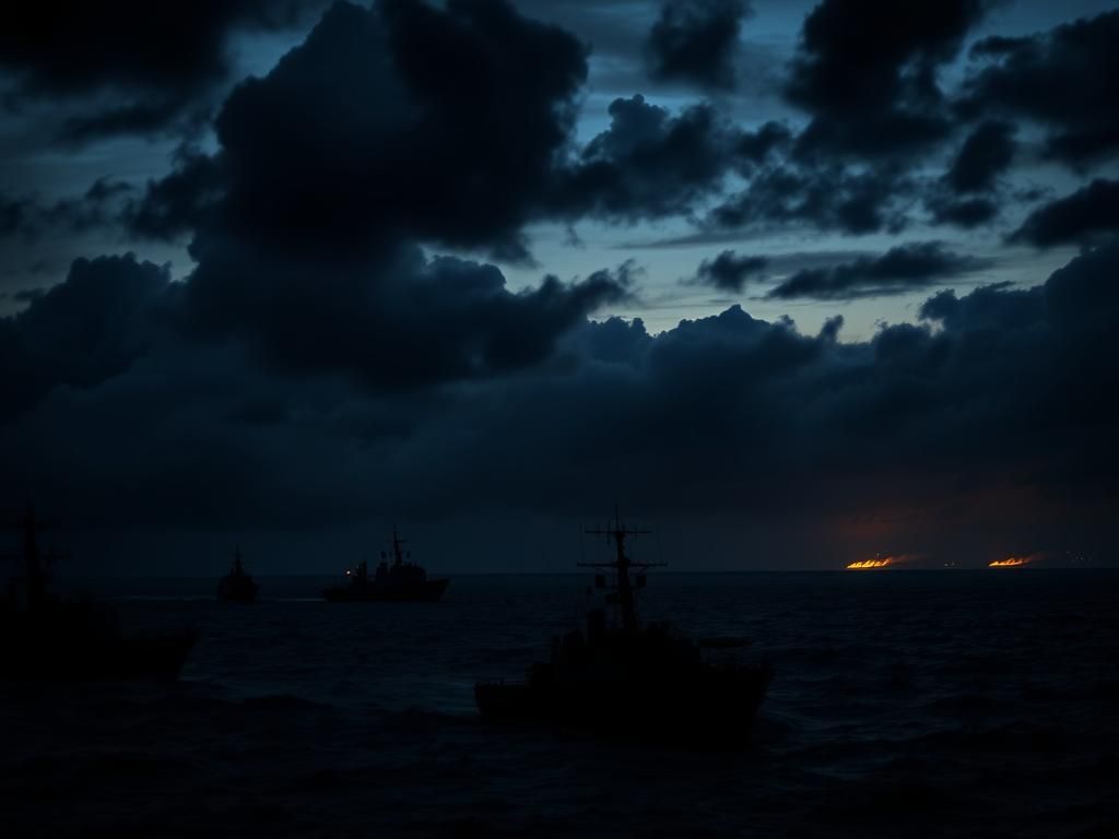 Flick International Dramatic Red Sea scene at dusk, illustrating conflict and tension with silhouetted ships