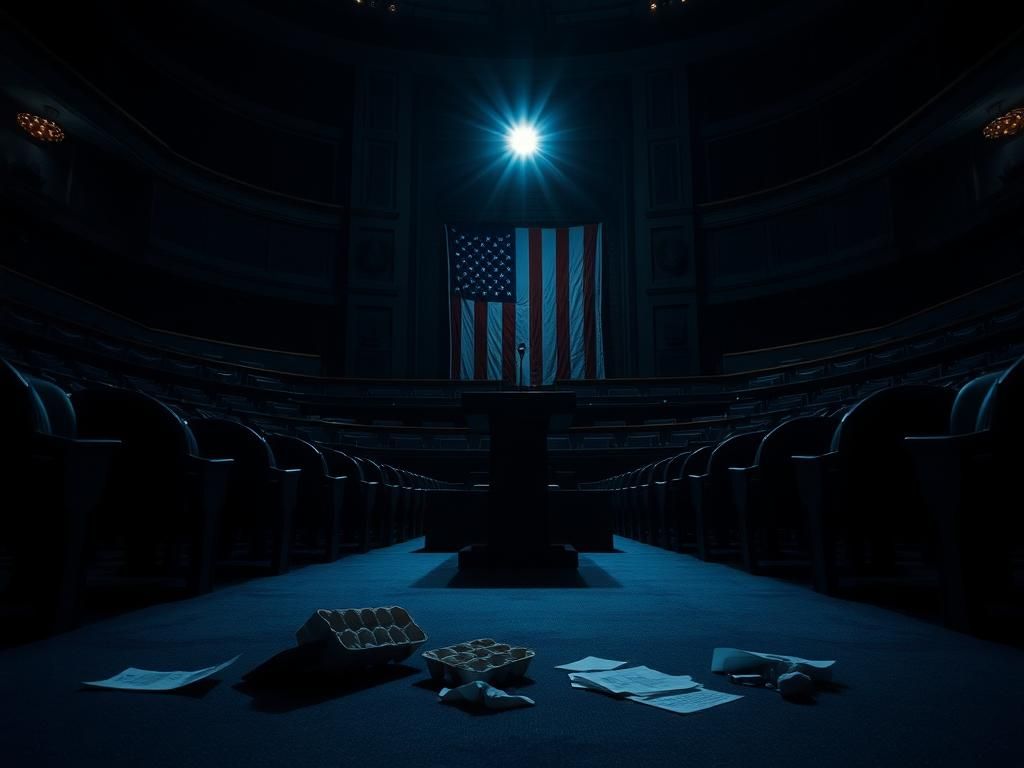 Flick International Darkened congressional chamber with empty seats and a single spotlight on a podium