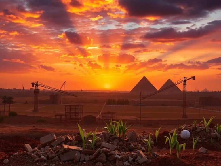 Flick International Scenic view of Cairo with pyramids at sunset and abstract representation of a construction site