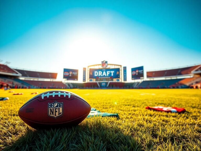 Flick International A dynamic NFL Draft scene featuring a polished football and vibrant team jerseys