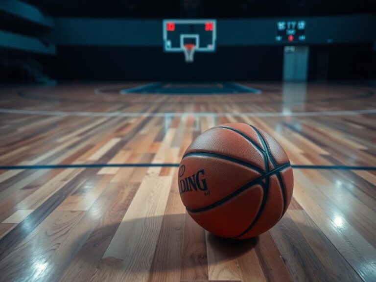 Flick International Close-up of a basketball court with a fallen basketball and blurred basketball hoop