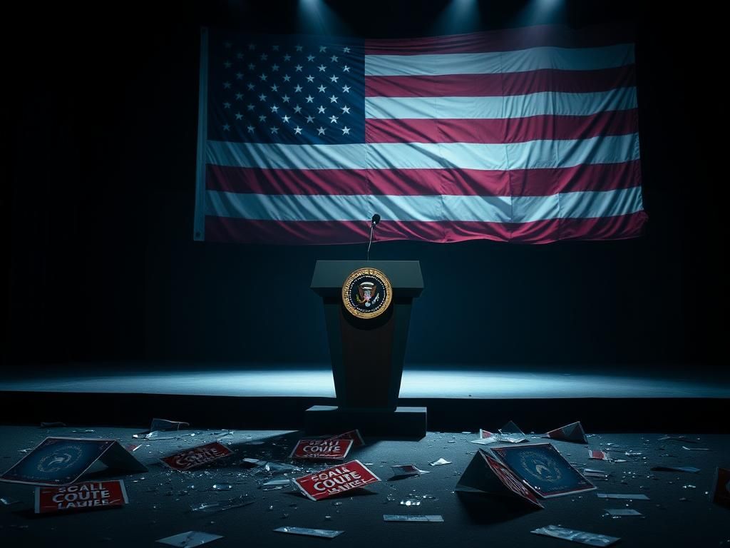 Flick International Dimly lit debate stage with an empty podium and a tattered American flag