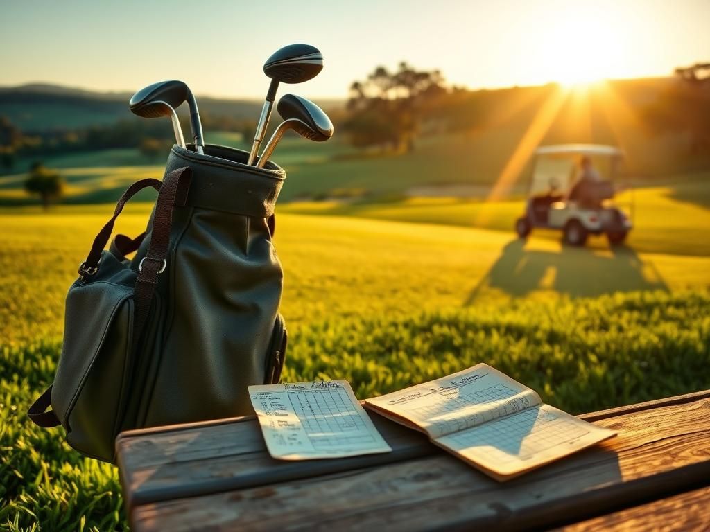 Flick International Serene golf course at sunrise with a well-worn golf bag and scorecard