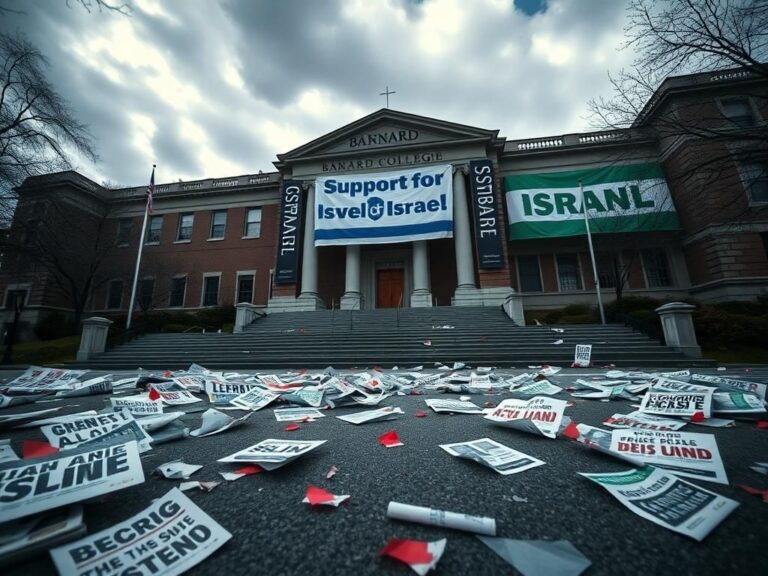 Flick International A dynamic scene at Barnard College depicting a large academic building with contrasting banners related to Israel support and protests