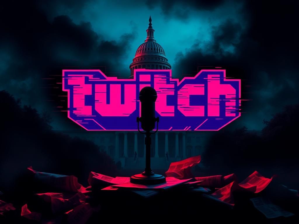 Flick International Stylized representation of the Twitch logo in a darkened digital landscape with shadows and a microphone