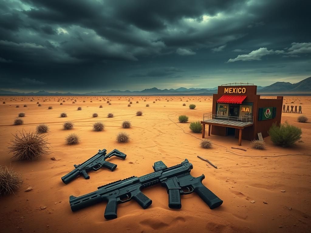 Flick International A dramatic border landscape illustrating gun trafficking between the U.S. and Mexico