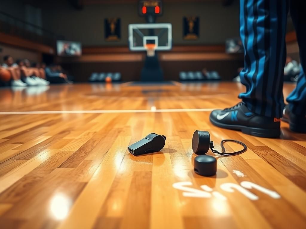 Flick International Close-up of a polished wooden basketball court with a referee whistle and traveling violation chalk markings.