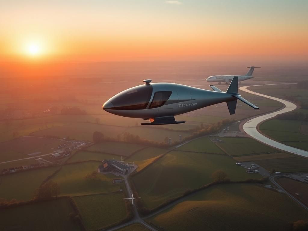 Flick International electric air taxi hovering over the English countryside