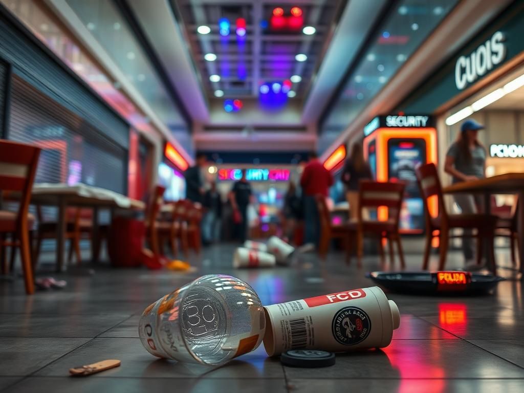 Flick International Overturned chairs and scattered trays in a chaotic mall food court
