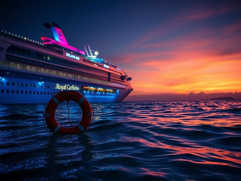 Flick International Serenity on the ocean with a Royal Caribbean cruise ship at twilight