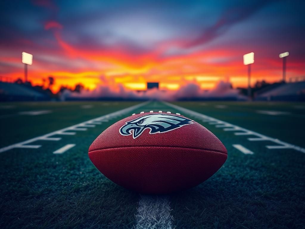 Flick International Football field at sunset with Philadelphia Eagles logo and a football on the turf