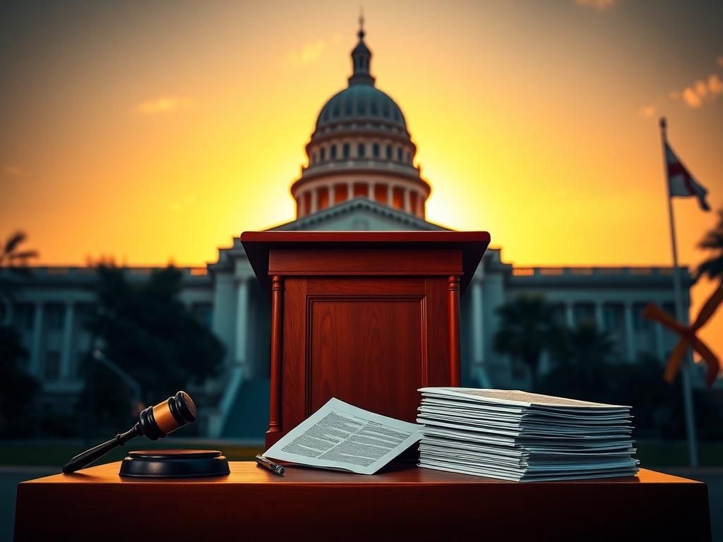 Flick International A dramatic view of Florida State Capitol during sunset with a podium and legislative documents