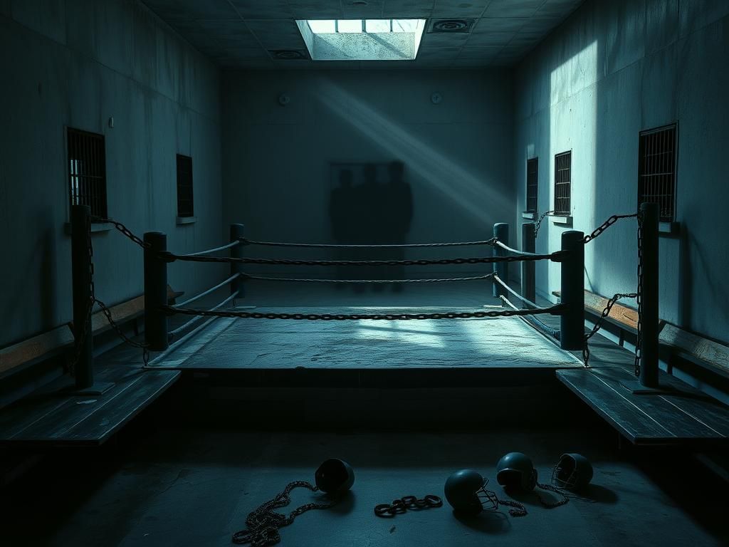 Flick International Dimly lit juvenile detention facility interior with a battered boxing ring