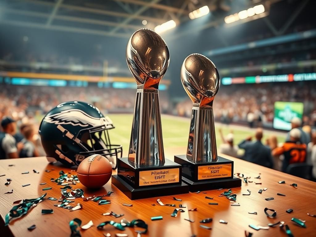 Flick International Two gleaming Vince Lombardi trophies on a polished wooden table surrounded by football paraphernalia