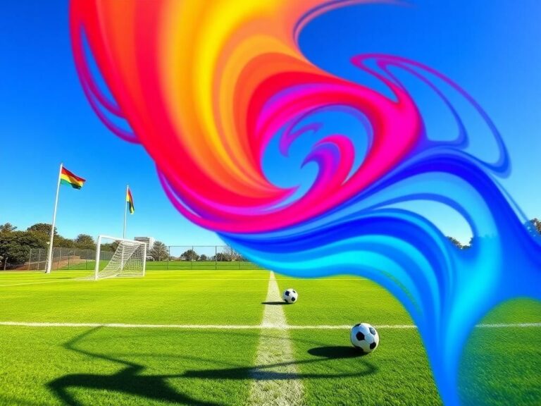 Flick International A vibrant sports field with women's soccer goalpost and colorful corner flags under a blue sky