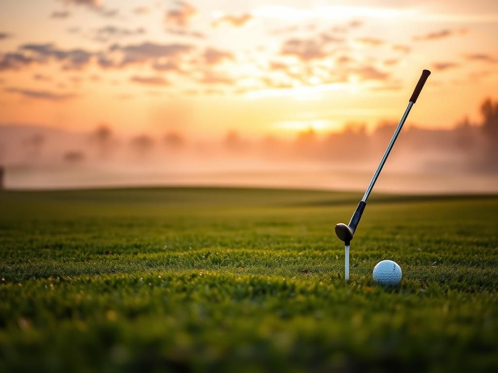 Flick International Serene golf course landscape at dawn with mist over fairways