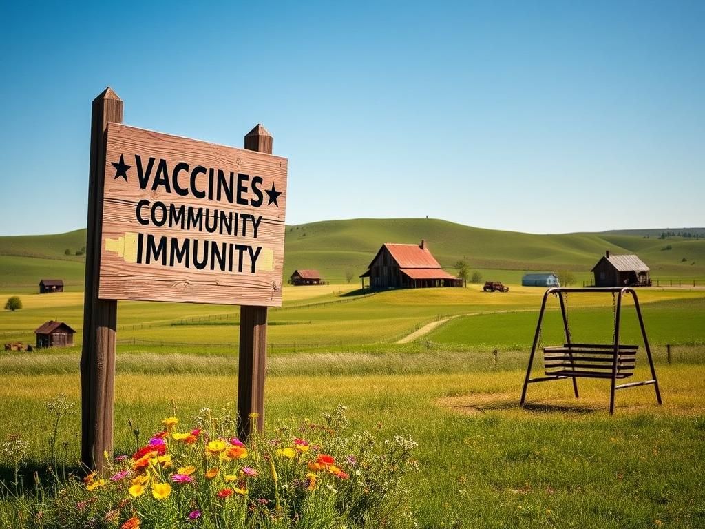 Flick International A serene rural Texas landscape featuring a wooden sign about vaccines