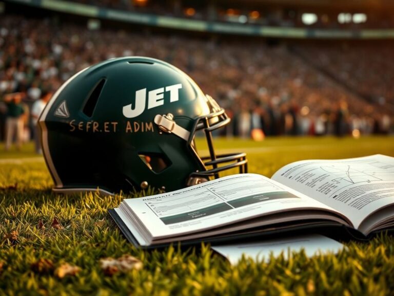 Flick International Close-up of a New York Jets football helmet on the sidelines