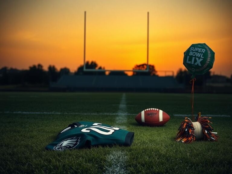 Flick International Empty football field at twilight with a crumpled Philadelphia Eagles jersey and discarded football