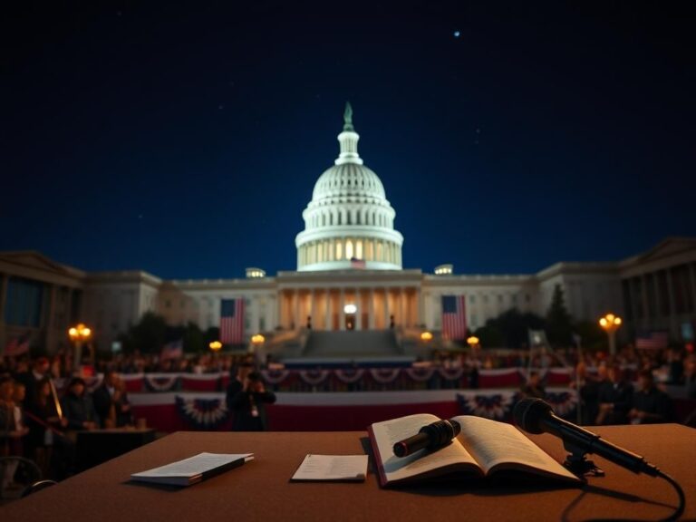 Flick International Grand view of the U.S. Capitol building at night with an empty podium under bright lights